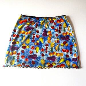 Mesh Lettuce Edge Fruit in Clouds UO Miniskirt, Size L